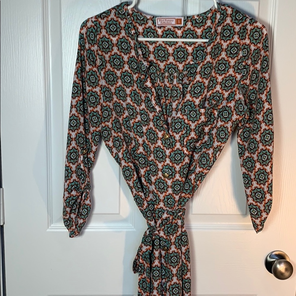 Turquoise and orange patterned wrap dress